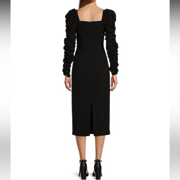 🆕 Antonio Melani  Crepe Square Neck Long Ruched Sleeve Pearl Bow Midi Dress. - Picture 2 of 3